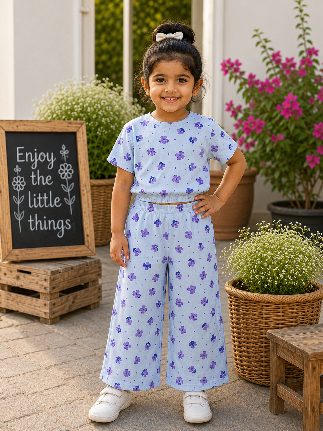Landy purple blossom crop top with palazzo coord set