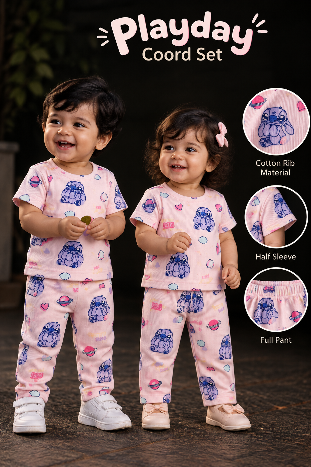Pink cartoon playday Cotton Rib Half Sleeve pant Co-ord set
