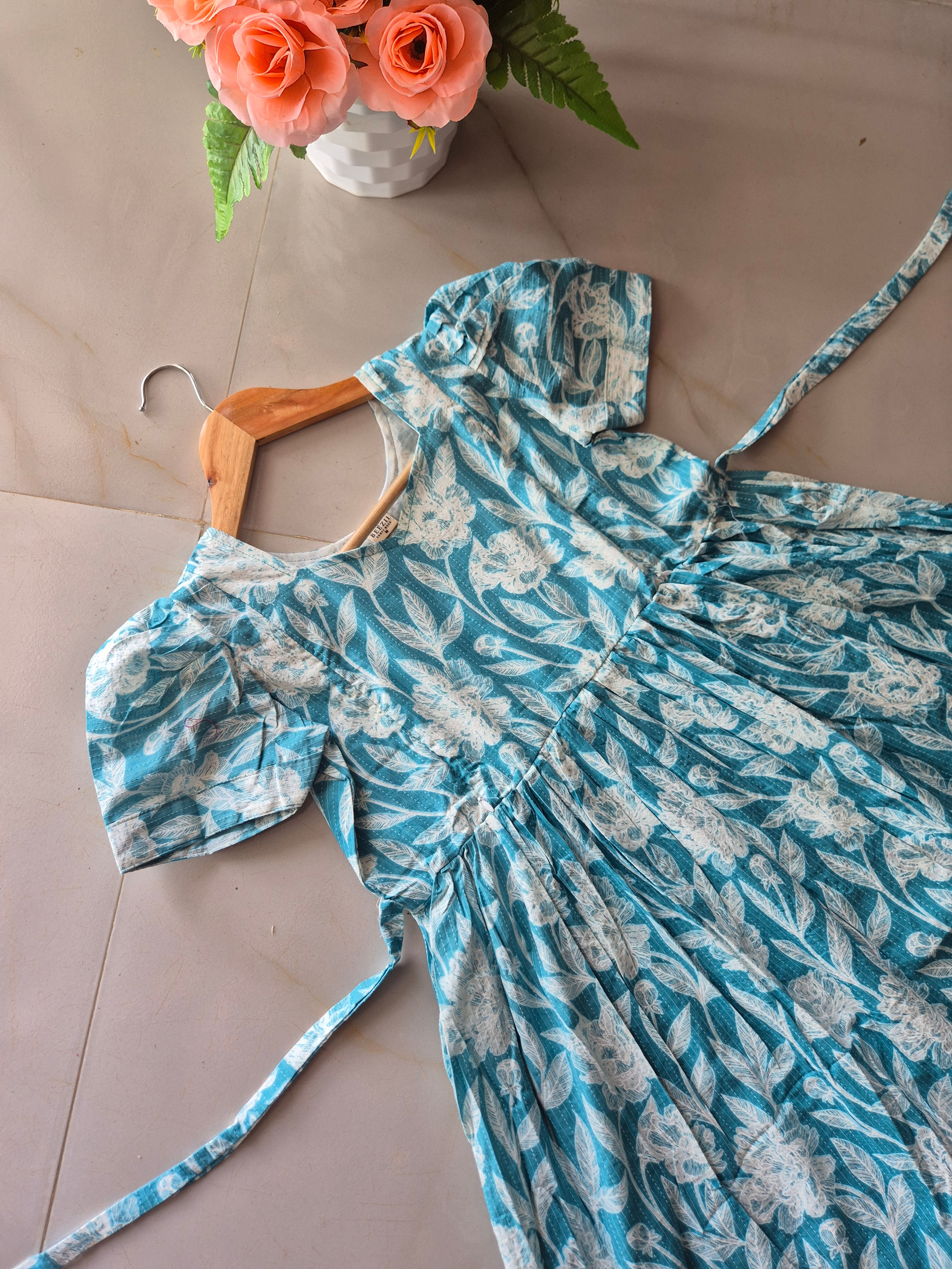 White Blue Katha work Cotton Zipped Feeding Kurthi