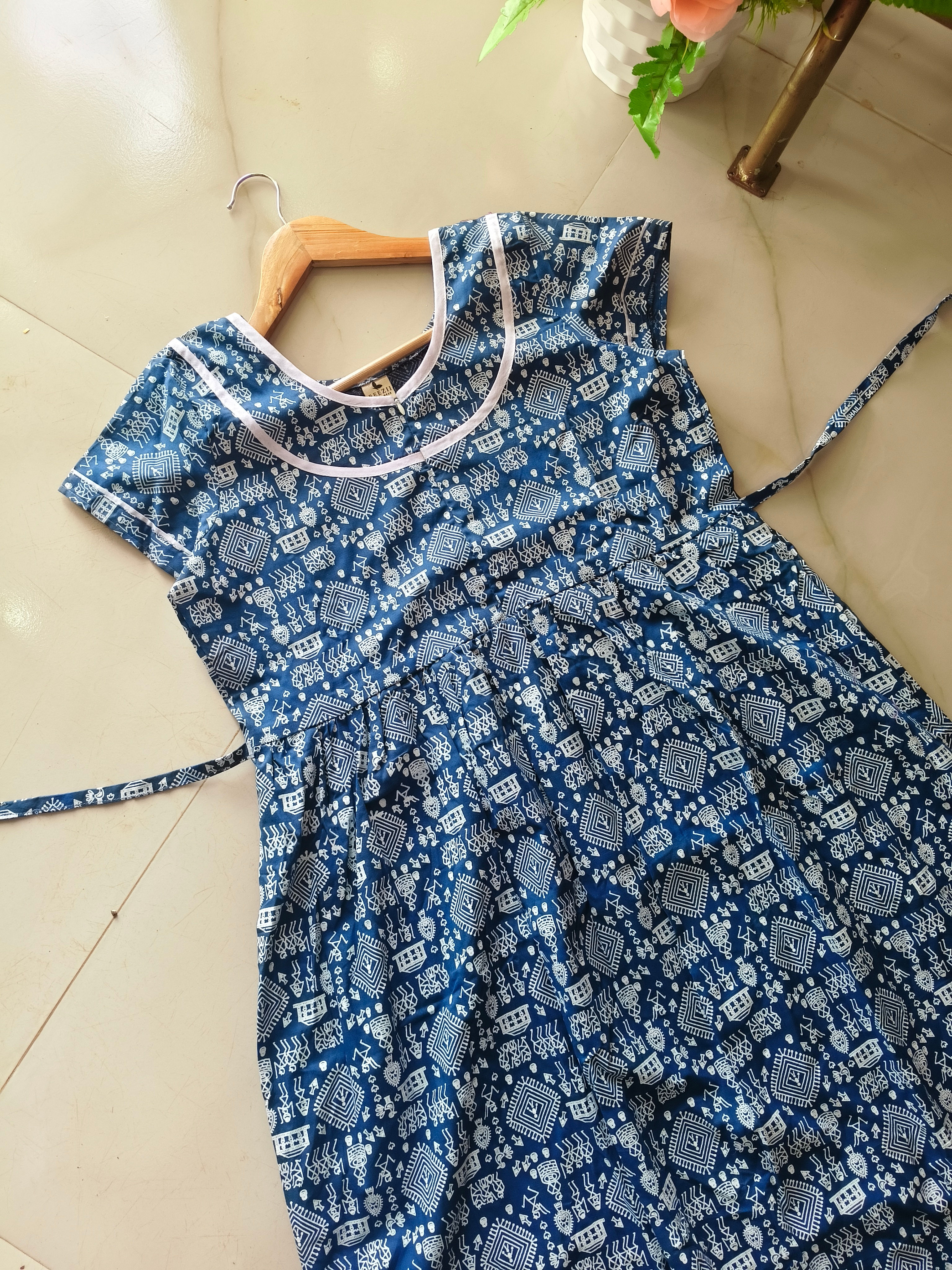 Blue Warli Pattern Cotton Casual/ Feeding maxi
