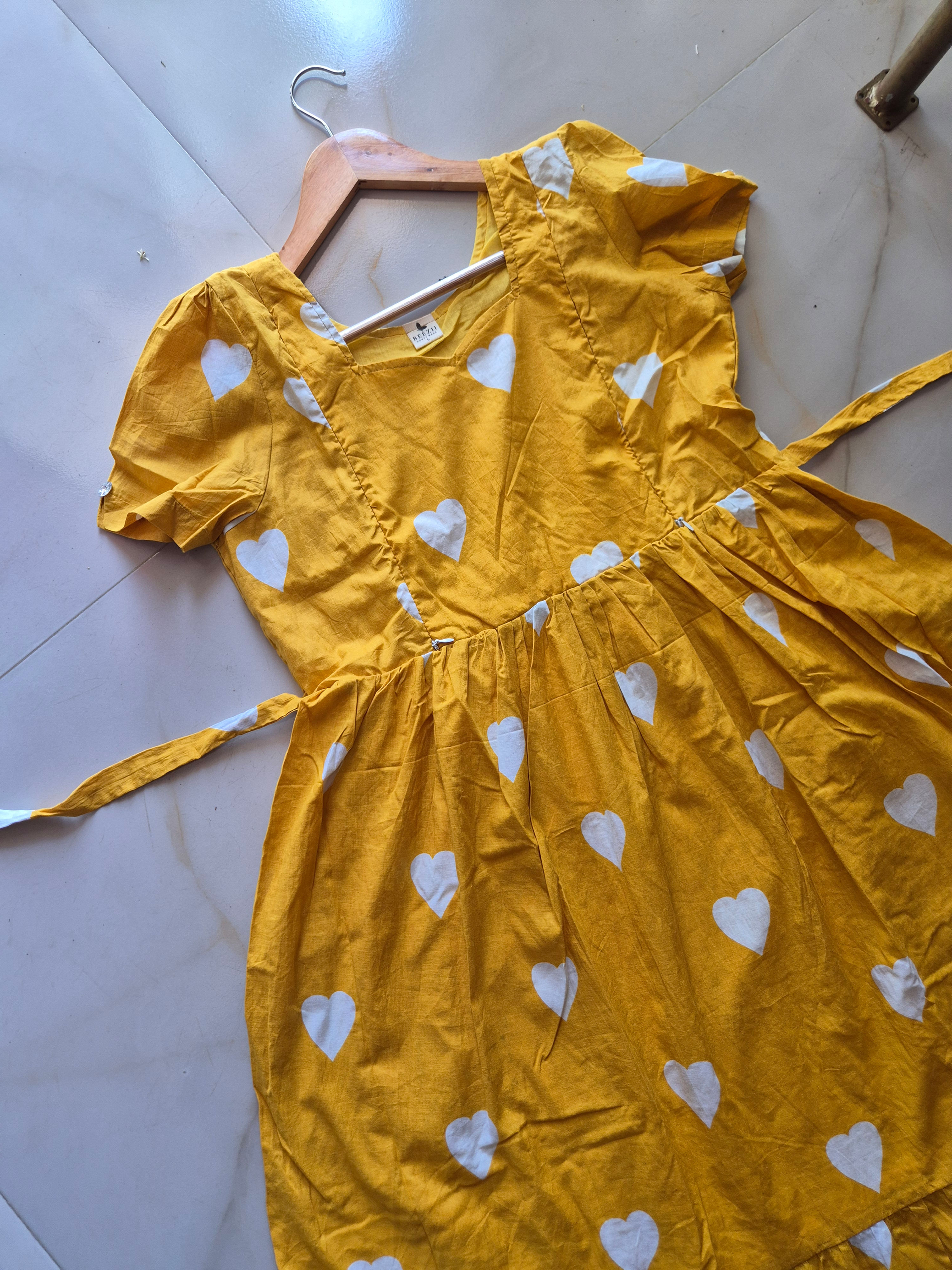 Yellow hearts mulmul cotton Zipped Feeding Kurthi