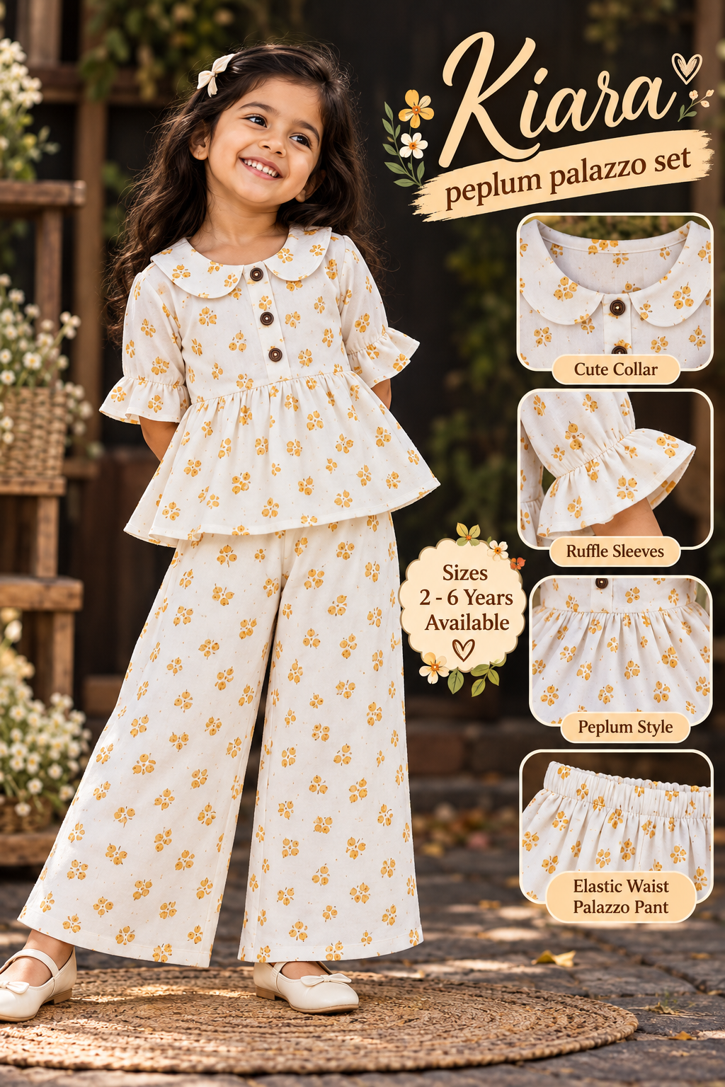 White floral kiara girls muslin peplum pant coord set