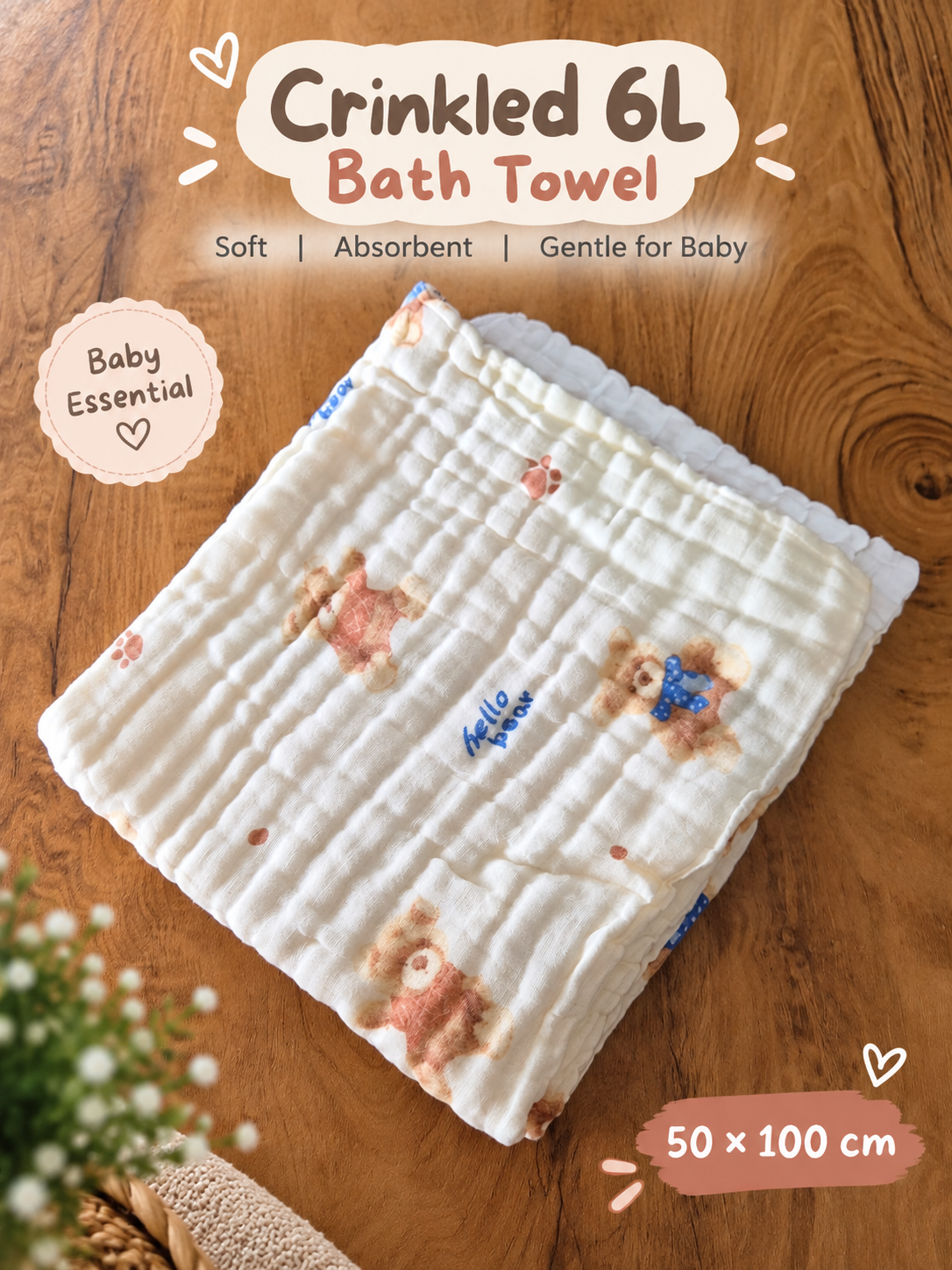 Cream blue teddy 6 Layer crinkled muslin baby bath towel 50×100 cm