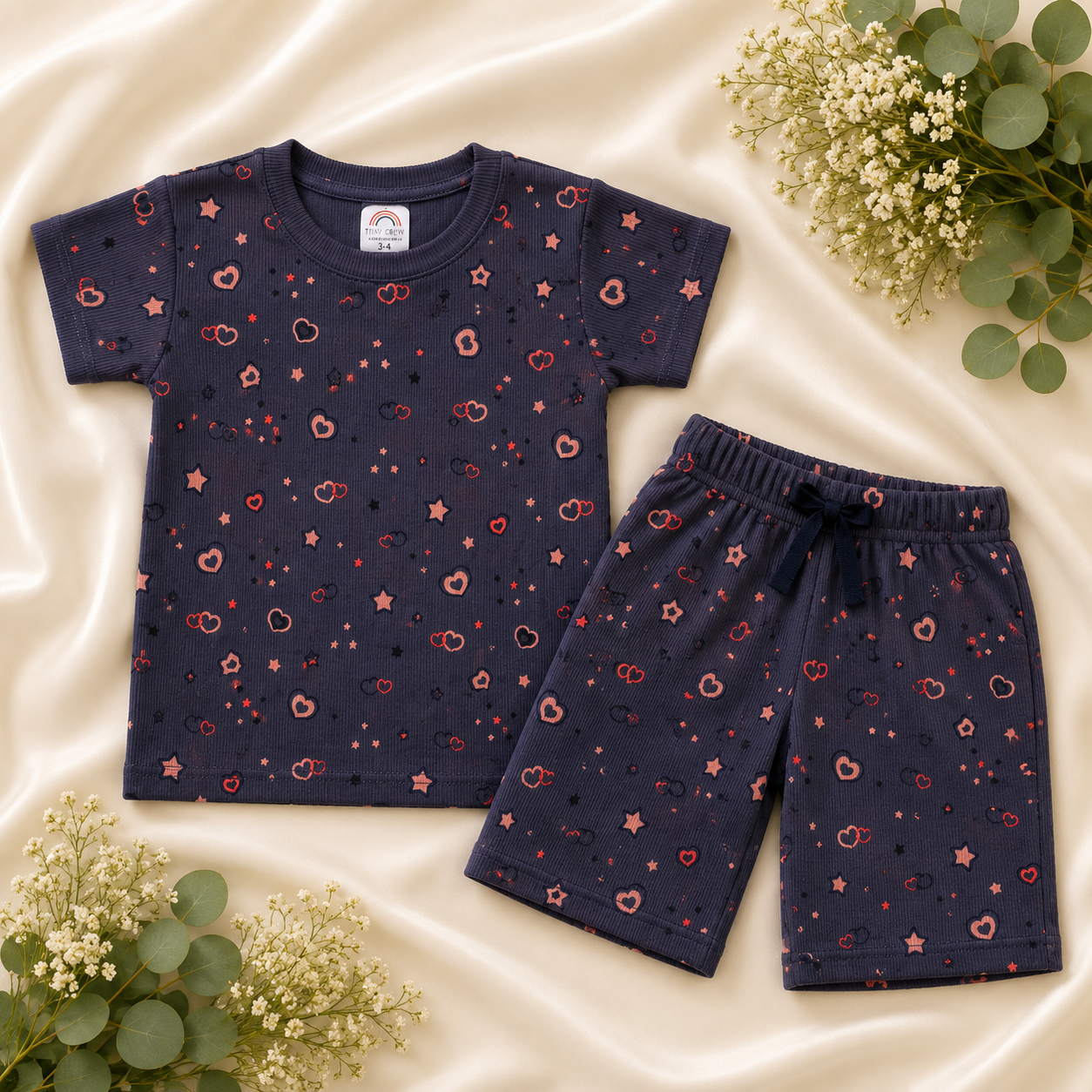 Dark grey red hearts  Half Sleeve shorts set