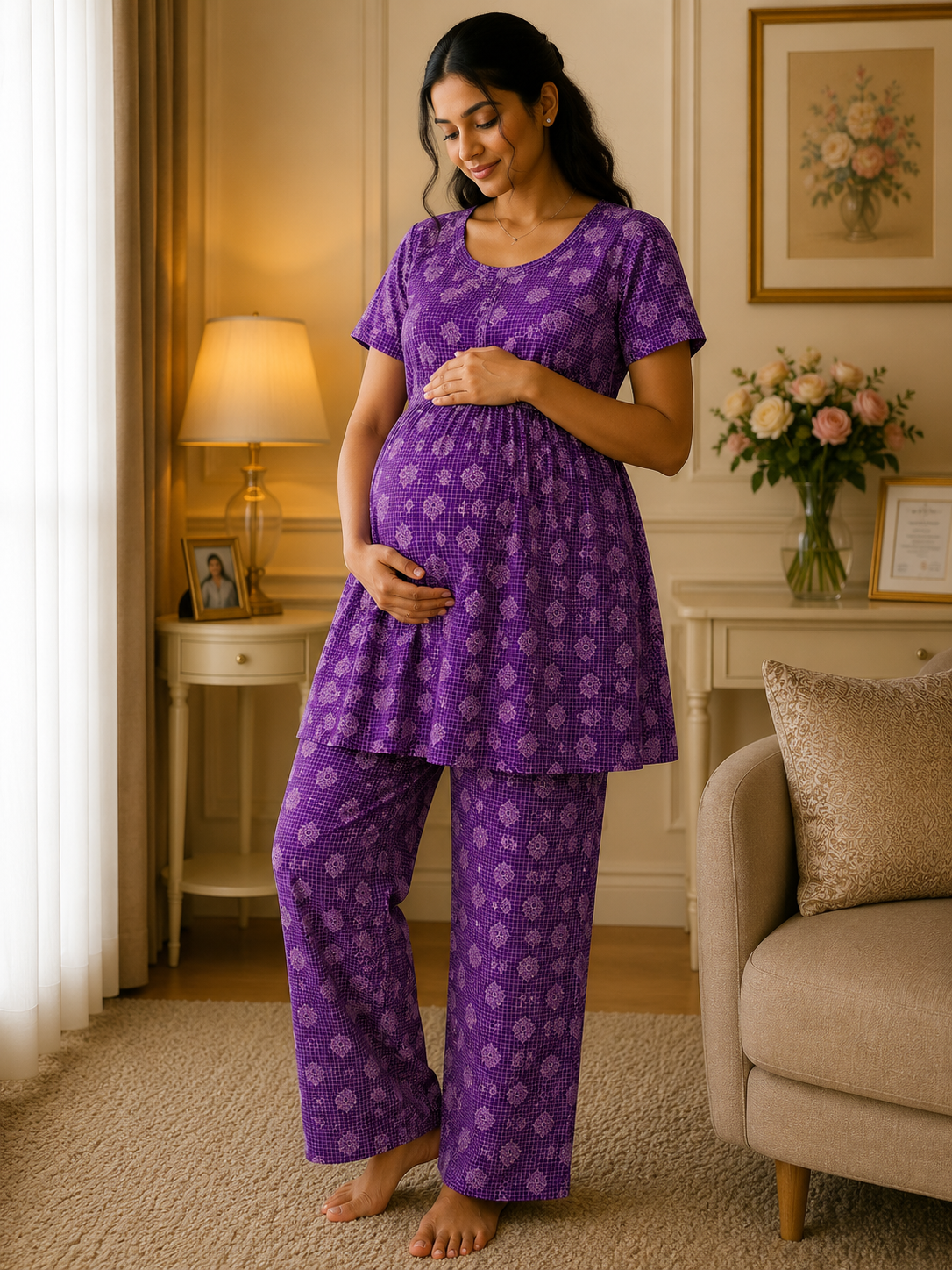 Purple check motif premium peplum feeding coord set