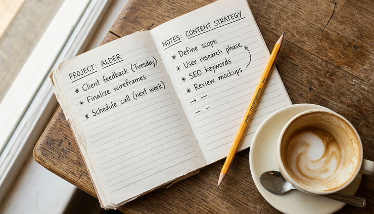Overhead view of a notebook with work notes written beside a pencil and a half-finished coffee.
