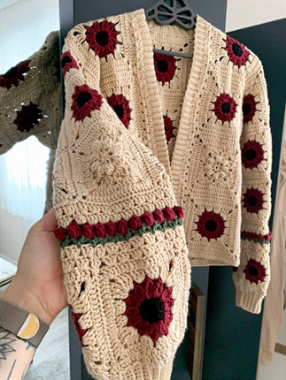 Red African Daisy Granny Square Cardigan Crochet