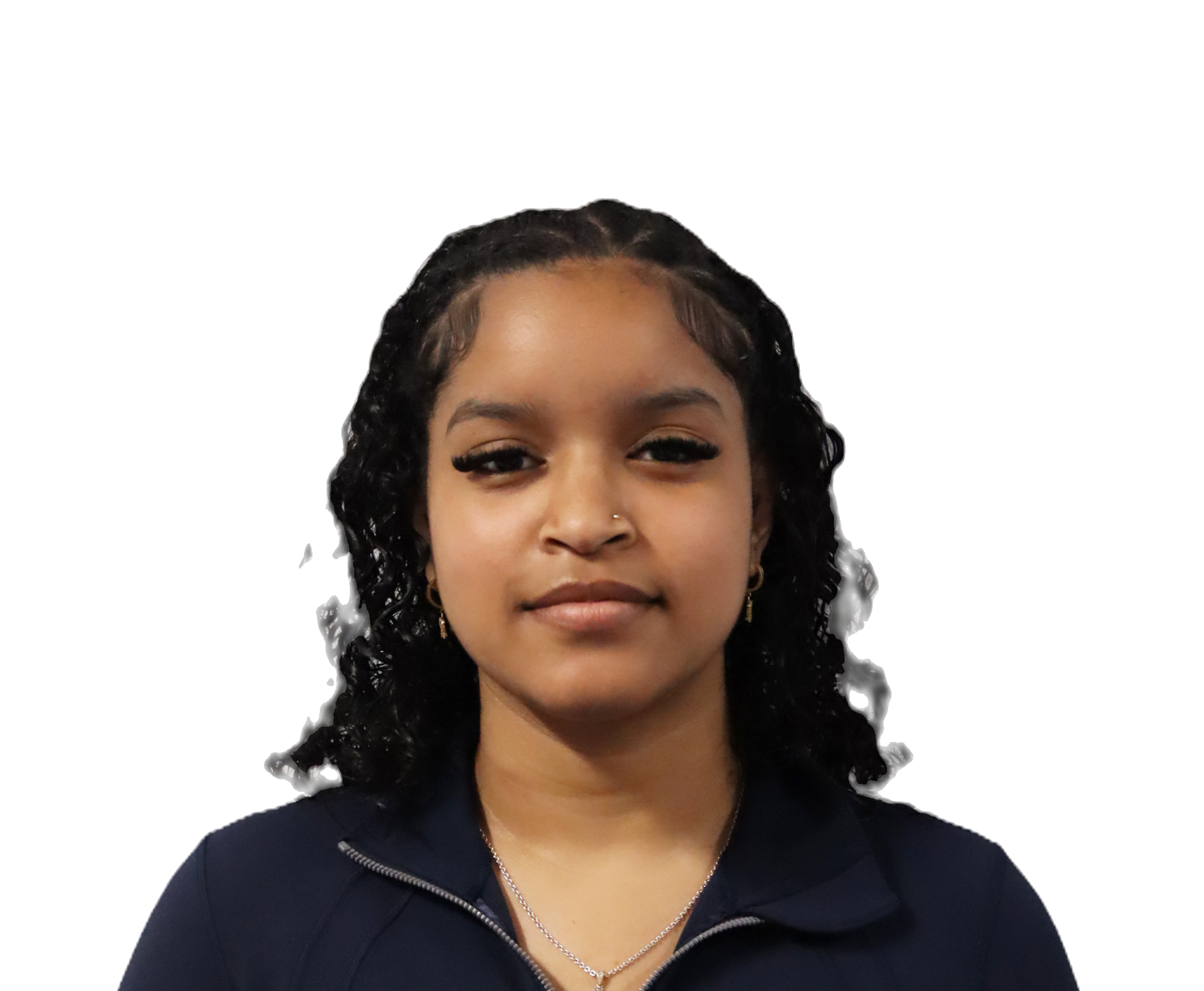 Student portrait: dark curly hair, navy zip-up