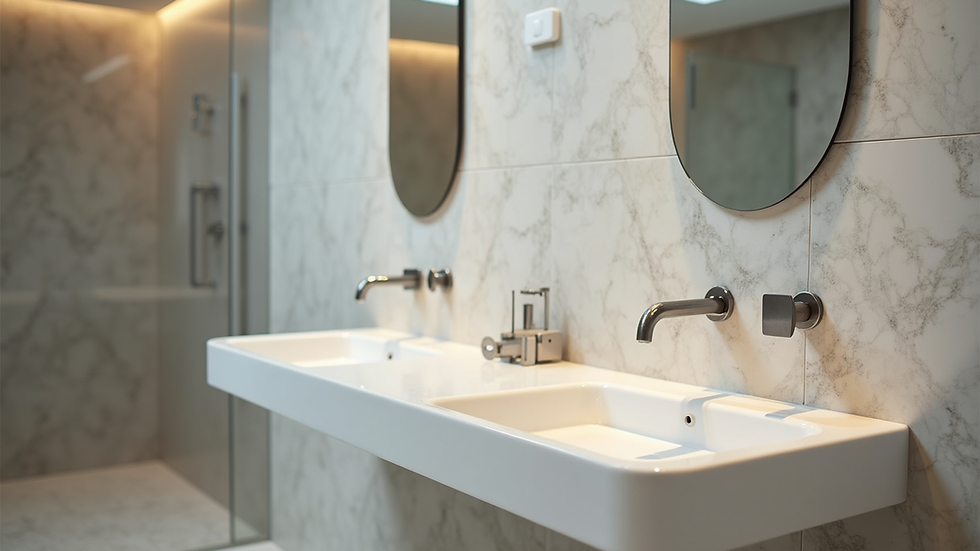Close-up view of a renovated bathroom with modern fixtures and tiles