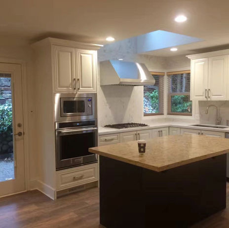 Open-plan kitchen remodel, island design, connecting to living room space