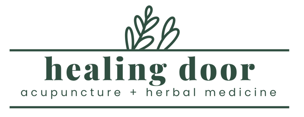 Logo for Healing Door Acupuncture + Herbal Medicine. Features green text and a leaf design, framed by green lines, on a white background.