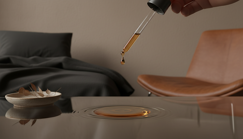 Close-up view of a dropper releasing serum onto a glass surface