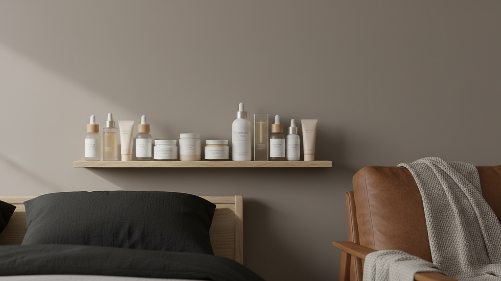 Eye-level view of a clean skincare shelf with various gentle serums
