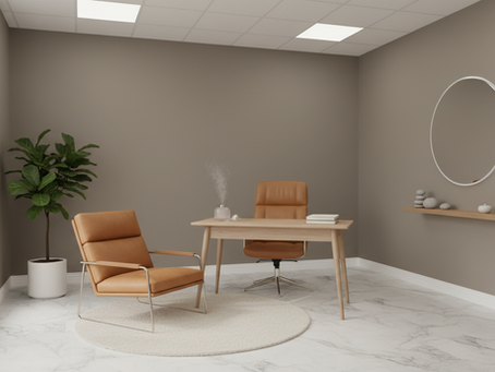 Eye-level view of a cozy furnished wellness office with natural light