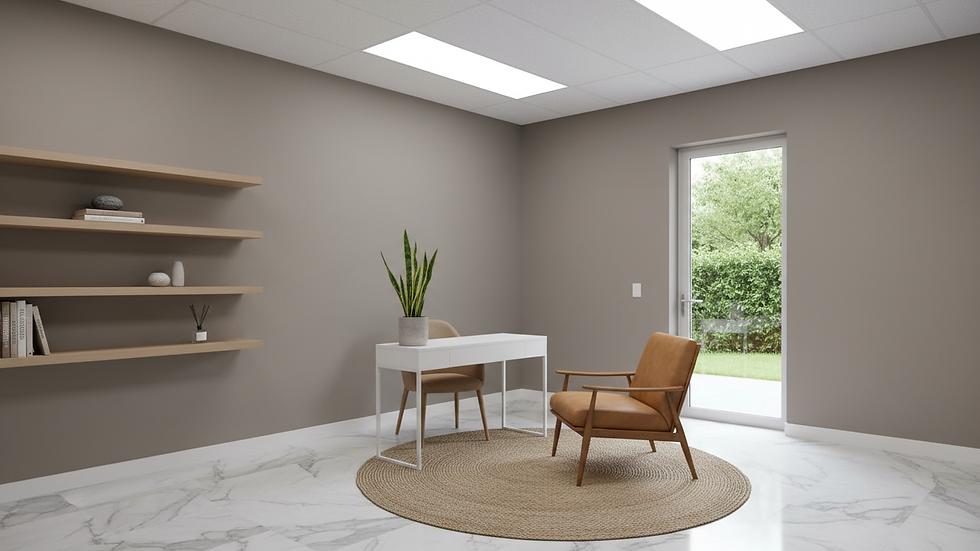 Eye-level view of a modern, furnished wellness office space