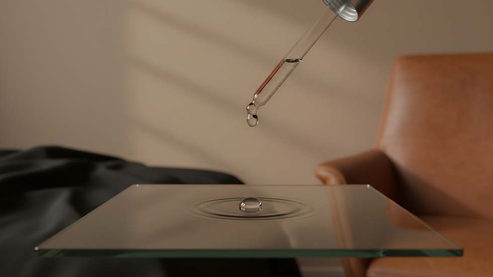 Close-up view of a dropper releasing serum onto a glass surface
