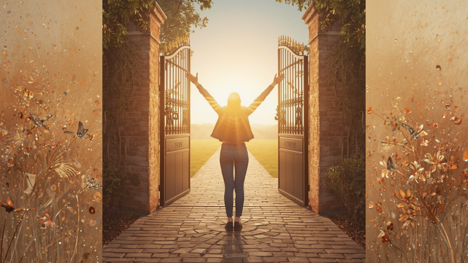 Eye-level view of a woman doing a guided online movement exercise in a cozy living room