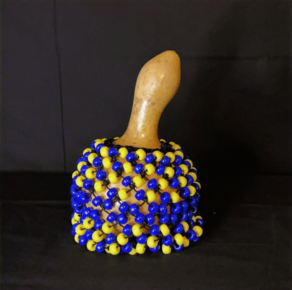 Small Shekere, Navy Blue & Yellow big beads