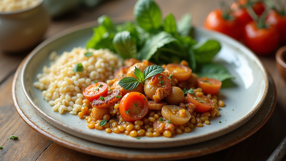 High angle view of a balanced meal with vegetables, grains, and protein