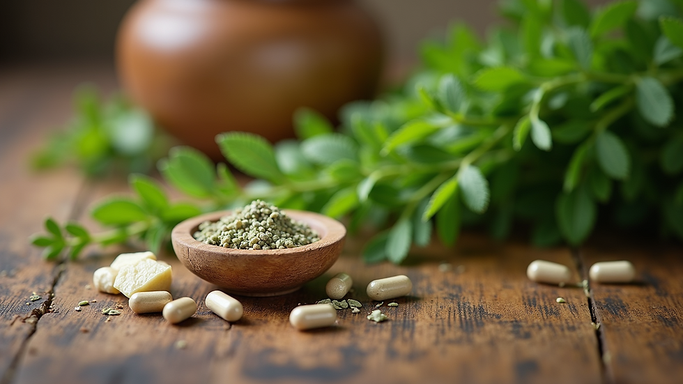 Close-up view of fresh herbs and natural supplements on a wooden table
