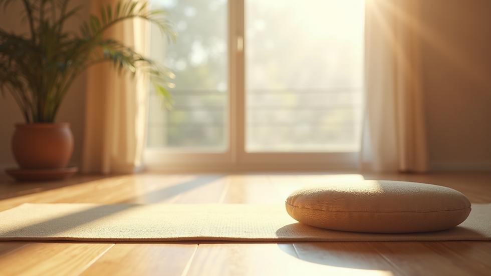 Eye-level view of a yoga mat and meditation cushion in a sunlit room