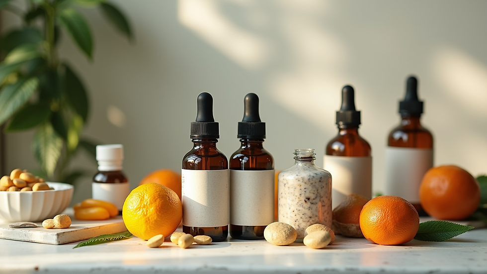 High angle view of various natural health supplements and essential oils arranged on a table