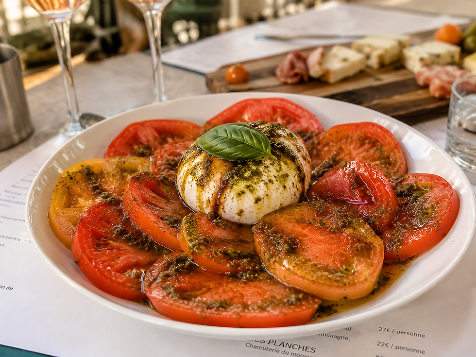 Salade tomates, burrata, huile d'olive sauce pignon et pesto