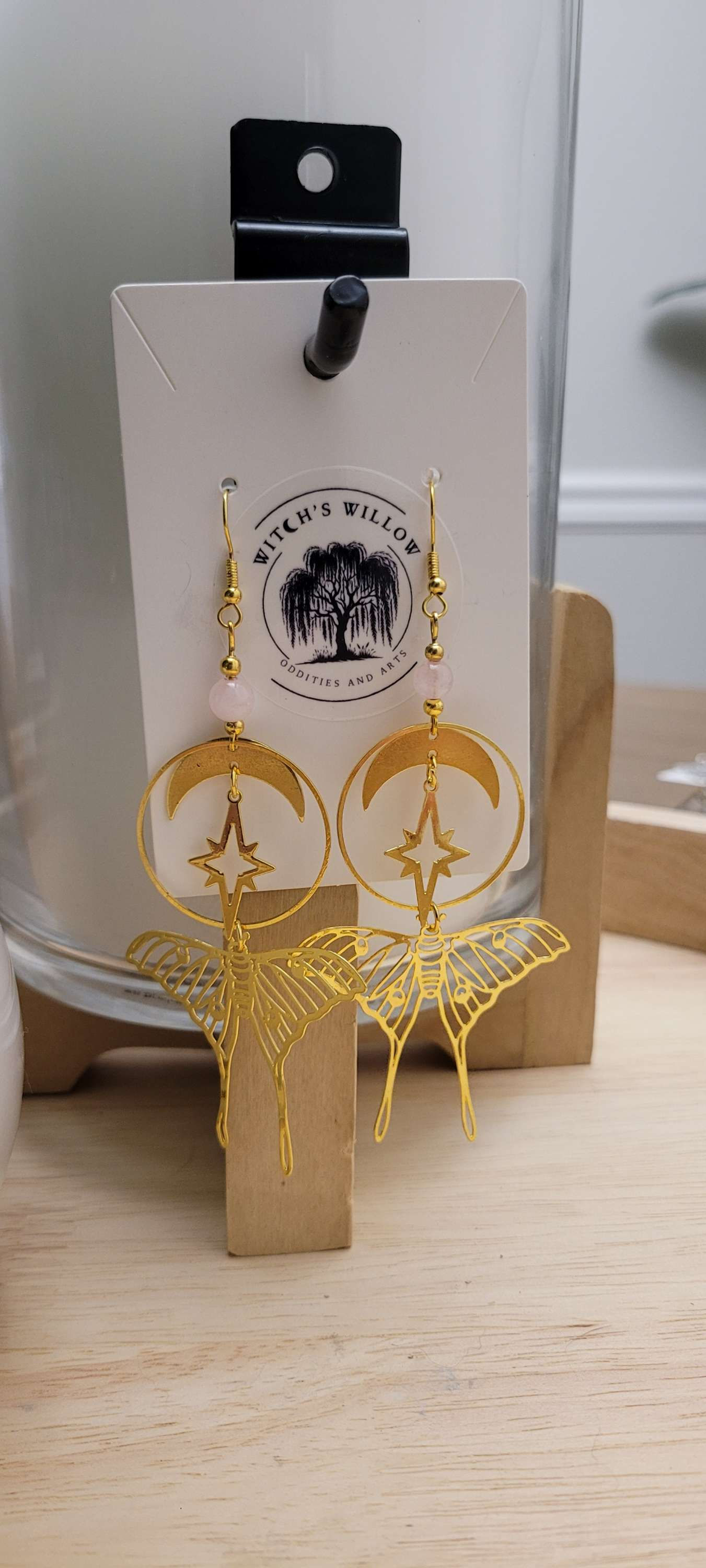 Gold luna moth moon and star errings