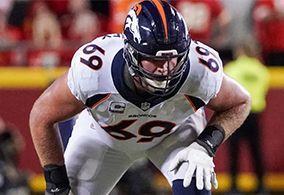 Denver Broncos player number 69 in a football stance.