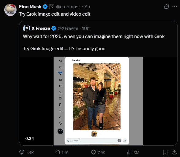Screenshot of Elon Musk's announcement of the Edit Image function on Decemeber 25 / X