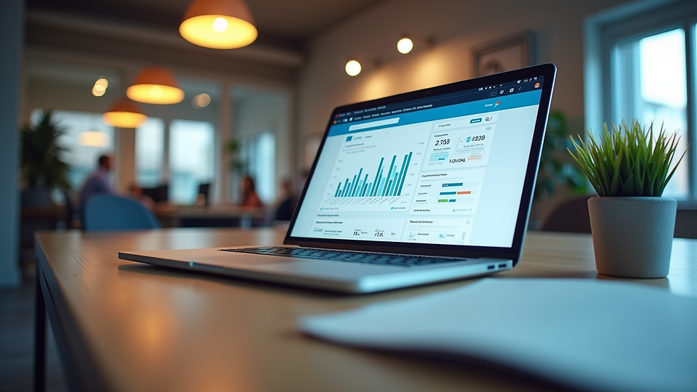 Eye-level view of a modern office workspace with a laptop displaying social media analytics