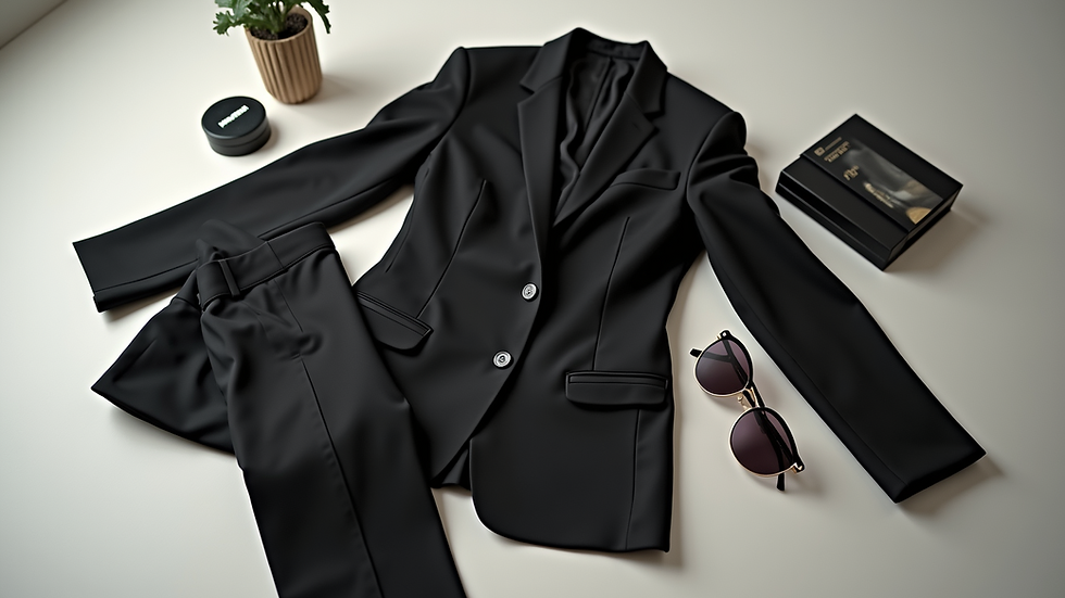 High angle view of a stylish black suit laid out with casual accessories