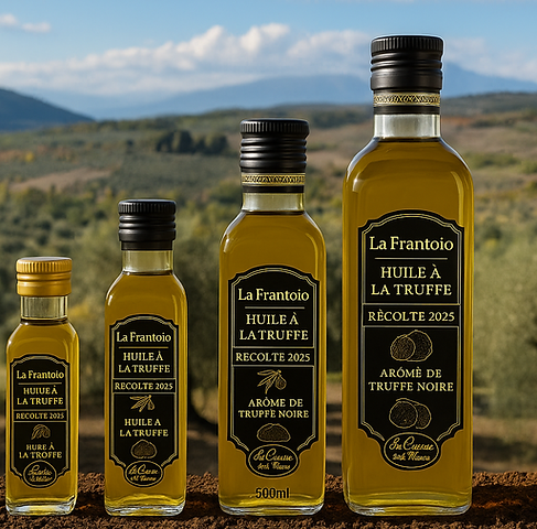 Sélection de bouteilles d’huile d’olive aromatisée à la truffe, production familiale italienne.