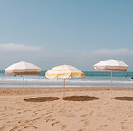 Landscape with umbrellas under a sunny day at the beach in Morocco