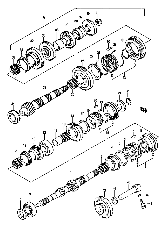 Zębatki, wałki, synchronizatory, łożyska 5 biegowej skrzyni biegów