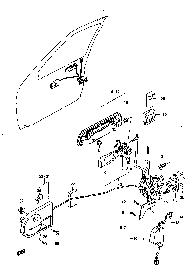 Klamka, zamek, cięgna drzwi /przód/