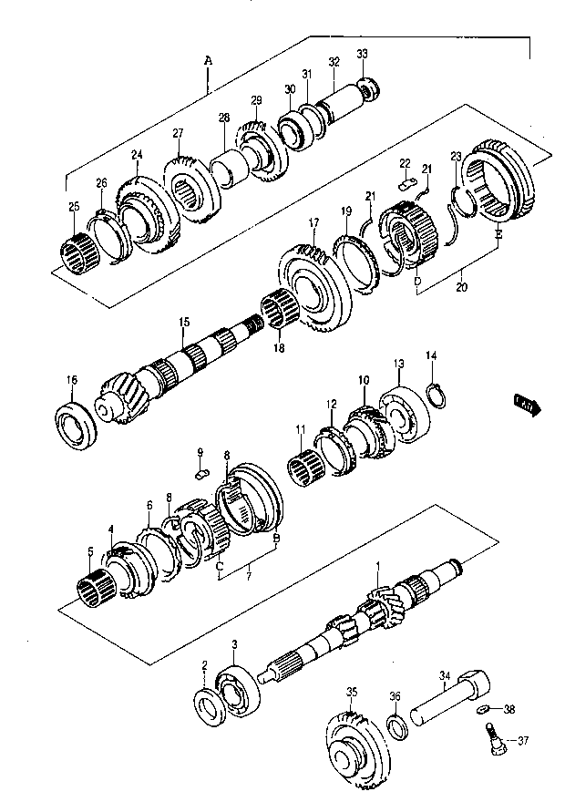 Zębatki, wałki, synchronizatory, łożyska 4 biegowej skrzyni biegów 