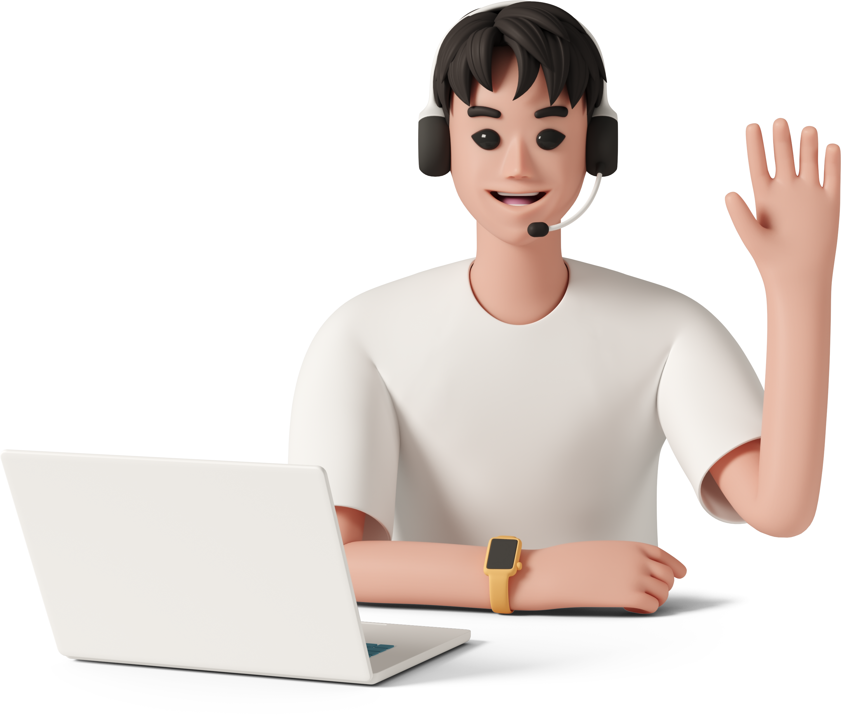 Man using laptop and headset waving hello to the viewer. splisxstudio