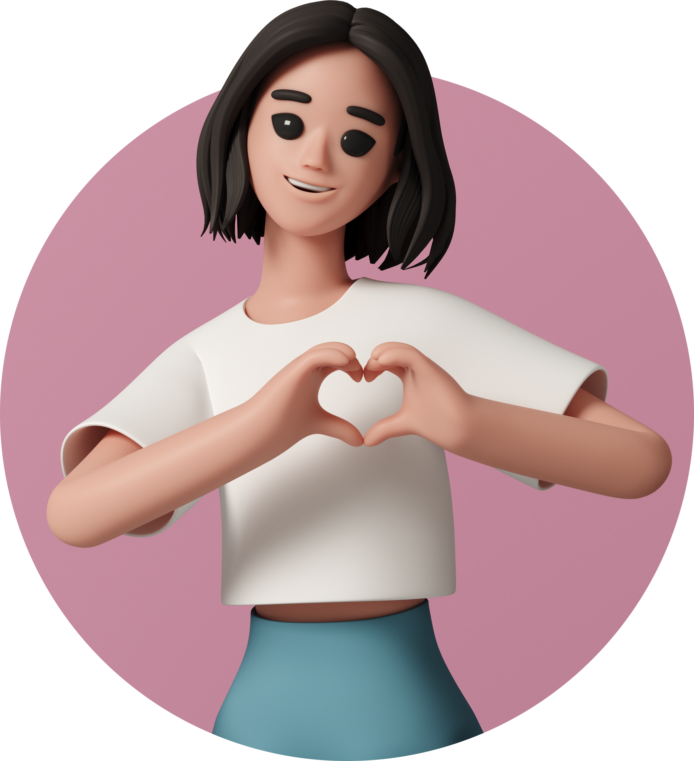 Woman making a heart shape with her hands against a pink background.