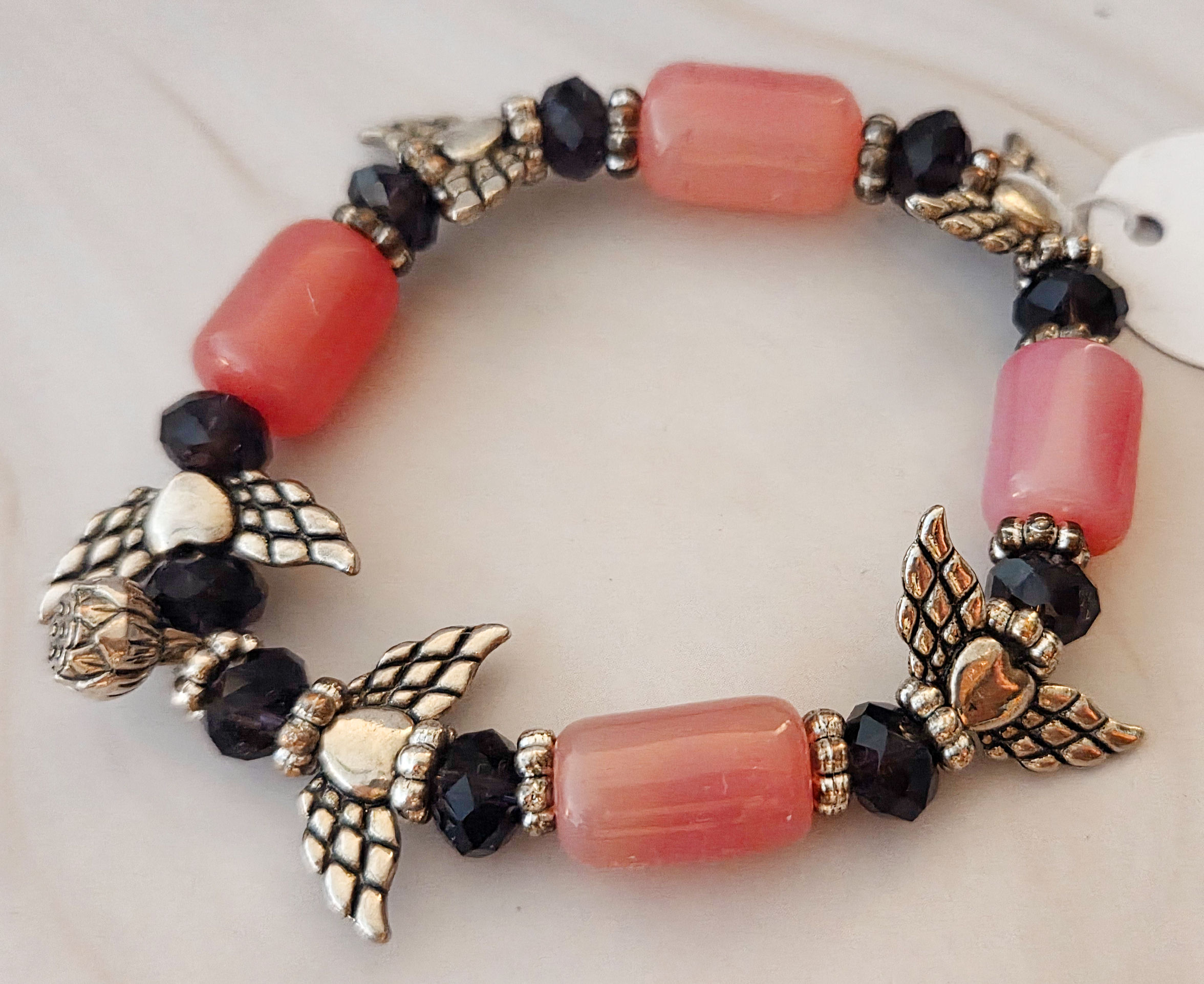 Blush Quartz and Purple Crystal Beaded Bracelet with Angel Wing Accents