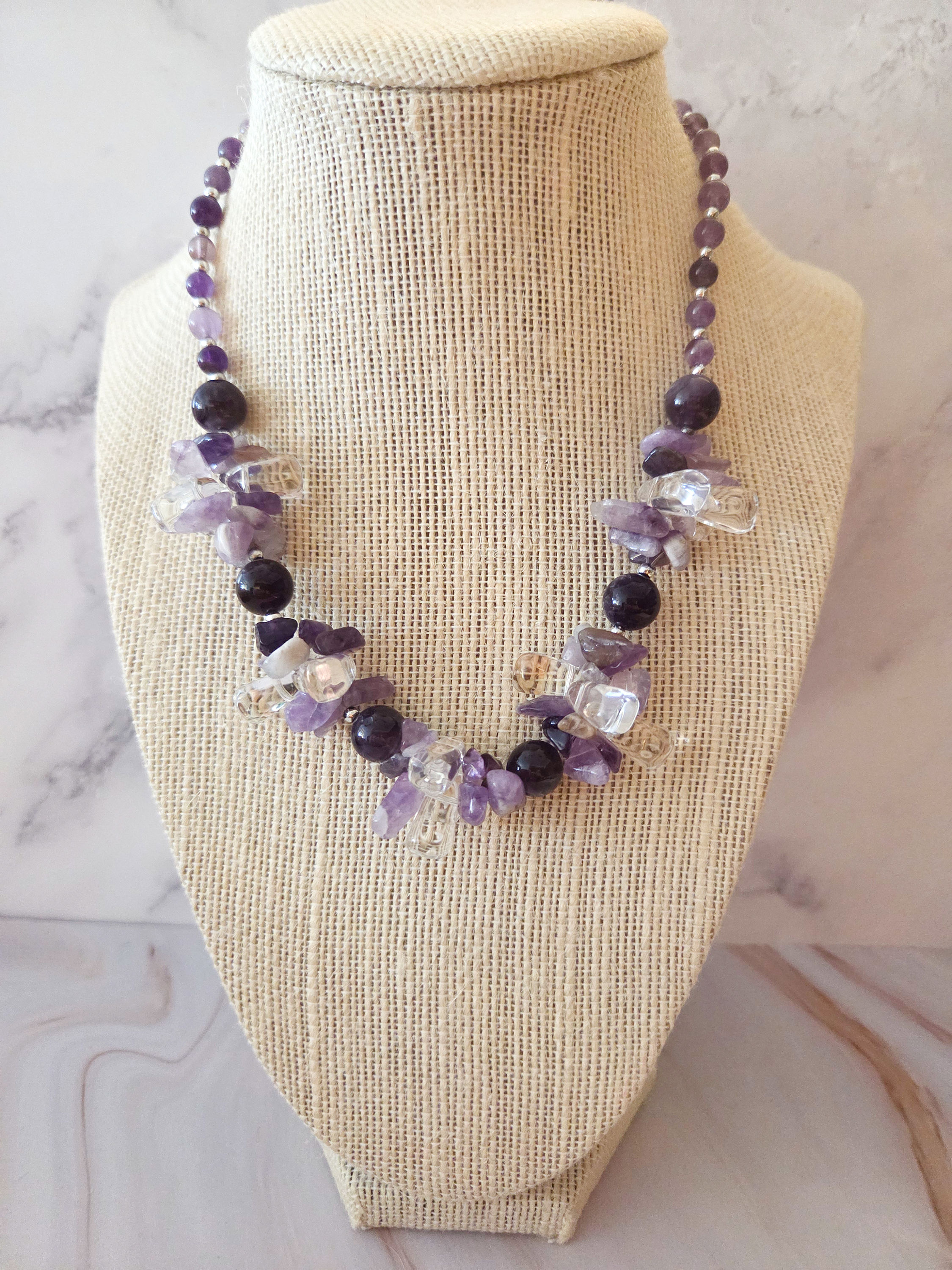 Amethyst and Clear Quartz Floral Necklace with Toggle Clasp