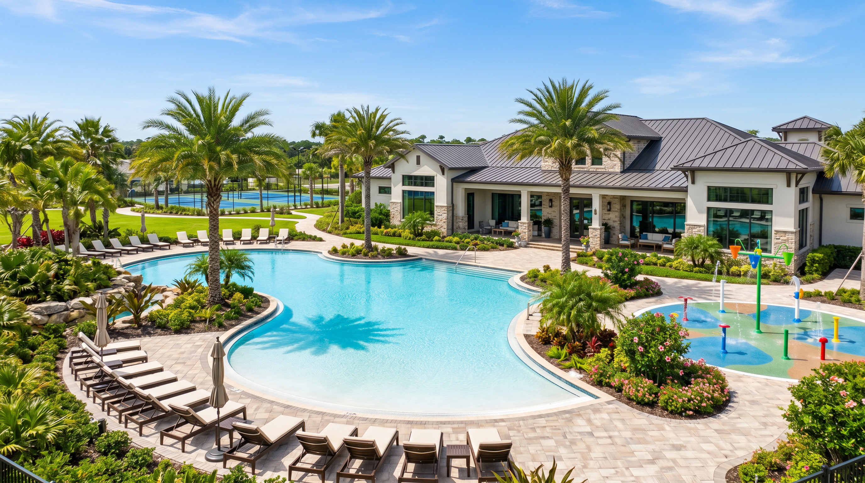 Resort-style pool, splash pad and pickleball courts at Pasadena Ridge amenity center