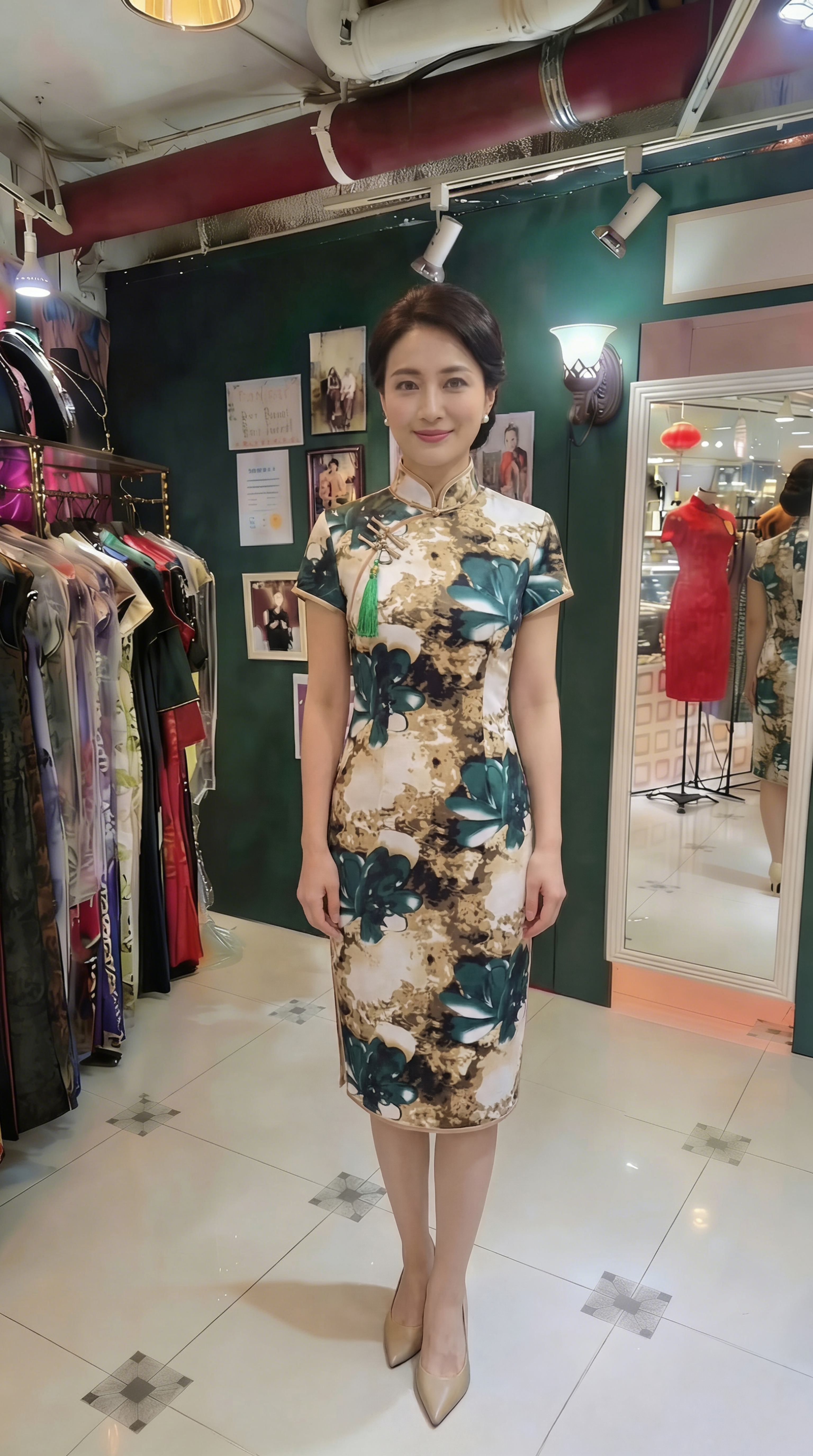 暖墨生花短旗袍 Green Floral Elegance short qipao P-016
