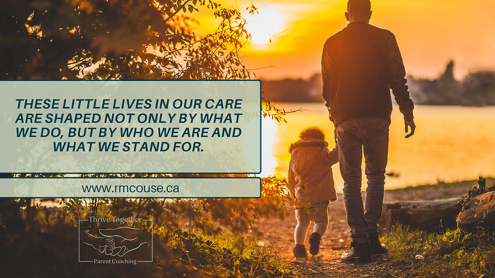 Adult and child holding hands walking by a lake at sunset. Text: "These little lives in our care..." and "www.rmcouse.ca"