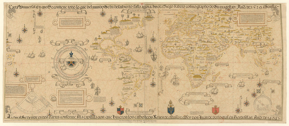 1887 reproduction on two sheets of the 1529 Propaganda world map, believed to be a reproduction by Diogo Ribeiro of the Spanish Padron Real (Public Domain)