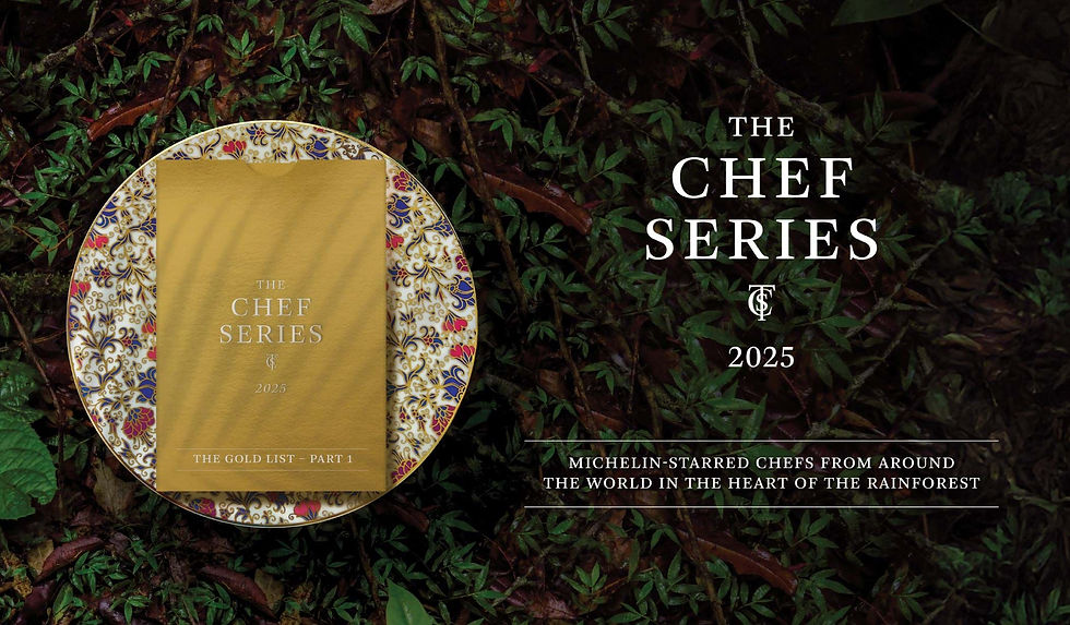 Gold menu "The Chef Series 2025" on ornate plate in lush rainforest. Text: Michelin-starred chefs, world, rainforest.