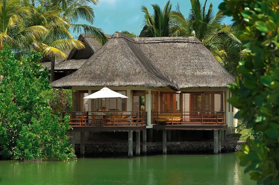 Thatched-roof villa by a green lagoon, surrounded by lush palm trees. A wooden deck with chairs and a white umbrella creates a peaceful scene.