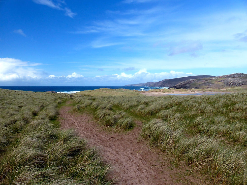 A sandy path winds through grassy dunes under a blue sky, leading to a distant ocean. Hills frame the right side of the serene landscape.