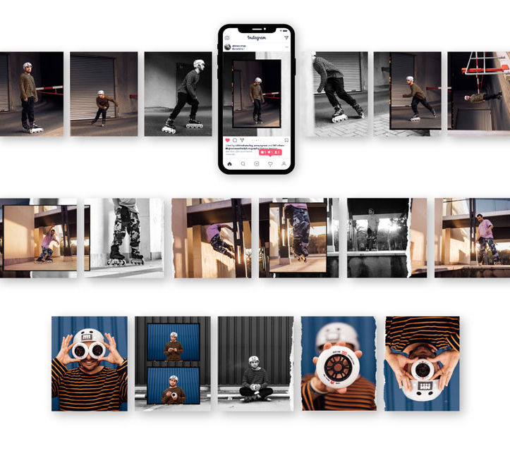 Instagram feed layout with multiple skating photos and central mobile phone mockup