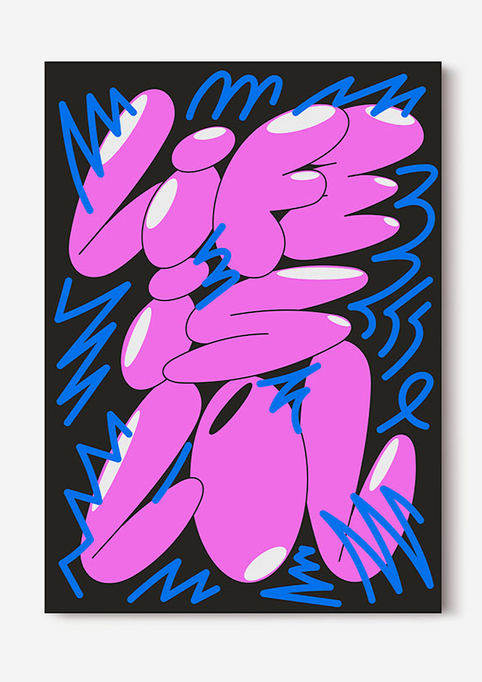 Poster application combining expressive abstract lettering, energetic linework and a high-contrast pink and blue color palette.